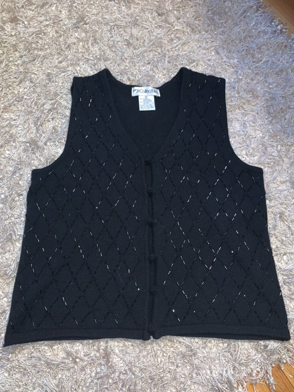 Carolyn Bessette vibes JH Collectibles Black Knit Vest, buttons and beads - sz M